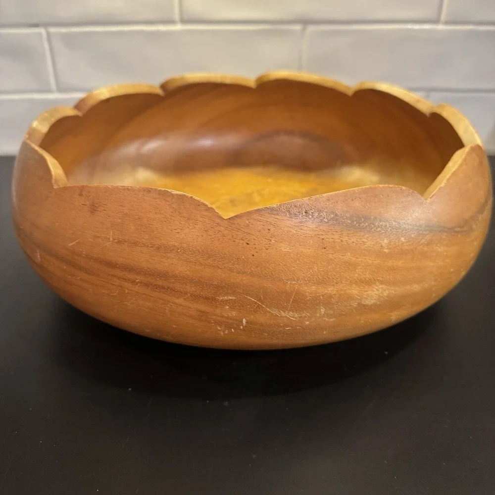 Blair Hawaii Monkey Pod Wood Large Carved Bowl Ruffled Edge Made Philippines